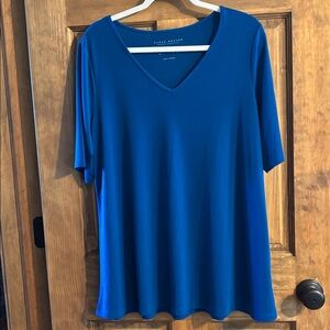 NWOT Susan Graver Liquid Knit short sleeve Aline Peacock Blue top L